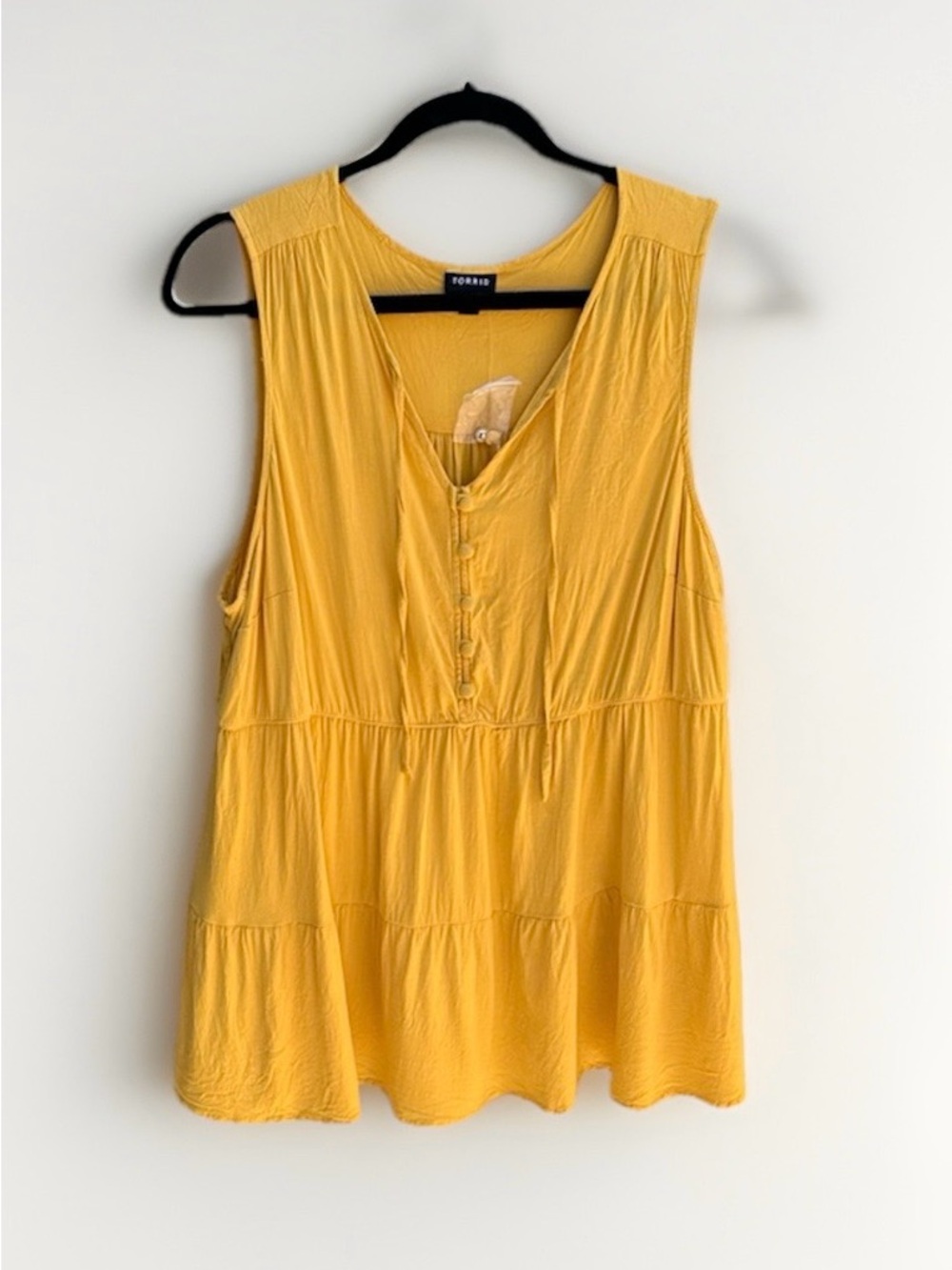 Sleeveless Tiered V-Neck Tunic Top by Torrid in Mustard Yellow